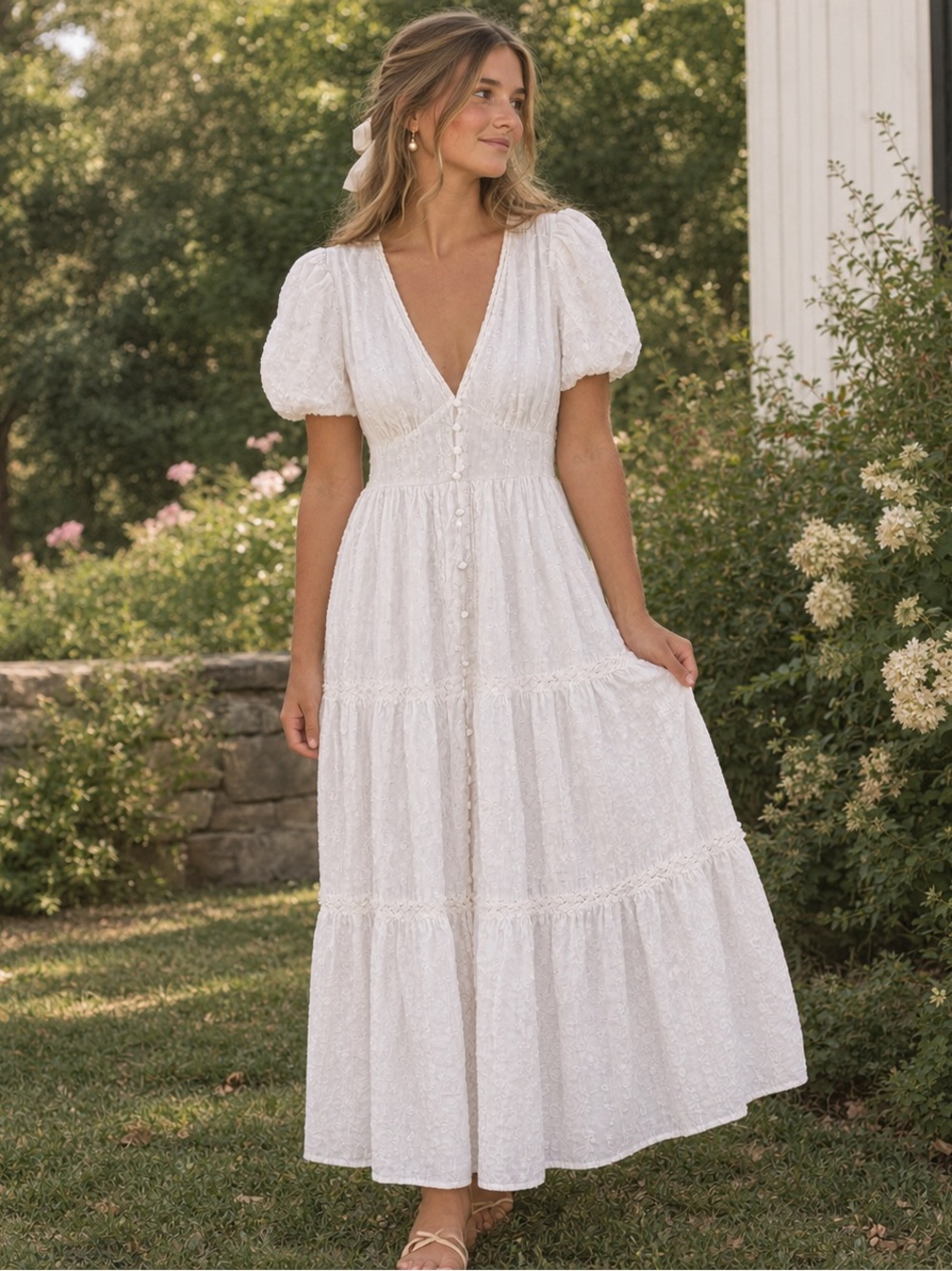 Cottagecore Boho Peasant Romantic Renaissance Tiered Cotton Maxi Dress White